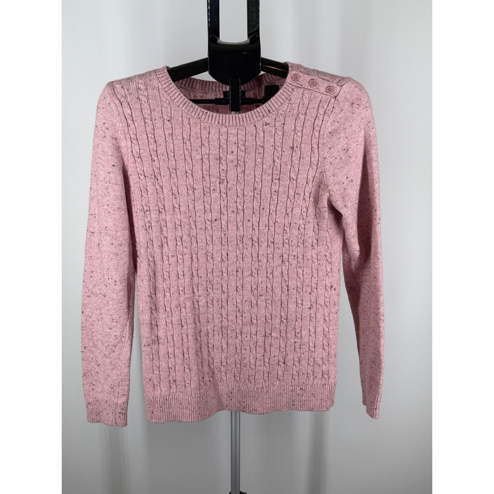 Talbots Womens Pink Marl Cable Knit Shoulder Button Crew Neck Sweater Size M
